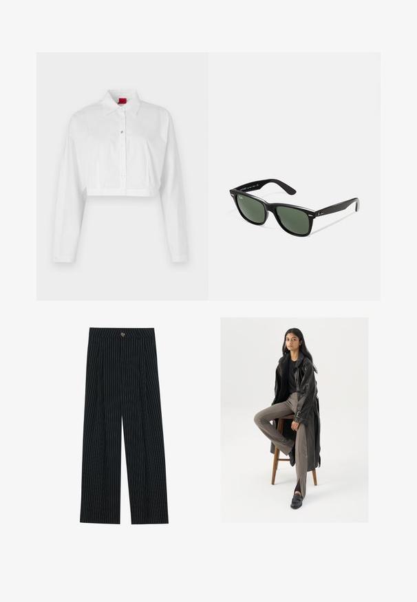 Burgundy leather bomber jacket with a front zipper, standing collar, two side pockets, and elasticized cuffs and hem. Smooth texture.; White cropped button-up shirt with a pointed collar, long sleeves, and a subtle logo on the chest. Smooth fabric with no patterns.; Black pinstriped wide-leg trousers made of textured fabric, featuring a front button closure and pleated design for added interest.; Black leather trench coat with buttons and belt detail, paired with light brown fitted pants and black loafers, seated on a wooden stool.; Black plastic sunglasses with green lenses, square frames, silver accent on the brow, and textured temple arms. Stated brand on inner arm.