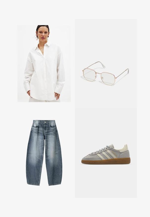 Bordowa skórzana kurtka bombowa z zamkiem z przodu, stojącym kołnierzem, dwiema bocznymi kieszeniami oraz elastycznymi mankietami i dołem. Gładka faktura.; Biała koszula zapinana na guziki, wykonana z gładkiej bawełny. Posiada klasyczny kołnierzyk, długie rękawy oraz luźny krój z subtelną fakturą.; Jeansy o szerokich nogawkach w jasnoniebieskim denimu z wyblakłymi miejscami, z pięcioma kieszeniami, zapinane na guziki oraz minimalnymi detalami przeszycia.; Szare zamszowe trampki z jasnoszarymi skórzanymi paskami i gumową podeszwą. Wśród cech znajduje się zapięcie na sznurowadła oraz subtelna marka na języku.; Prostokątne okulary z cienką, różowo-złotą metalową ramą. Przezroczyste soczewki, przezroczyste końcówki zauszników i delikatne zdobienia wokół soczewek.; AllSaints - Chusta