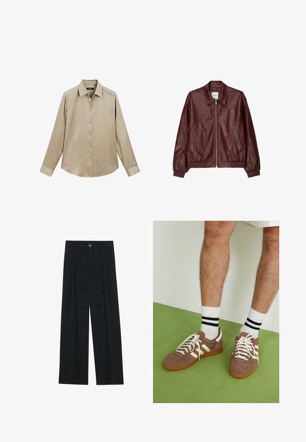 Giacca bomber in pelle bordeaux con zip frontale, colletto rialzato, due tasche laterali e polsini ed orlo elasticizzati. Texture liscia.; Camicia beige a maniche lunghe con colletto e polsini classici, tessuto morbido e orlo leggermente curvato.; Pantaloni larghi a righe nere realizzati in tessuto strutturato, con chiusura frontale a bottone e design plissettato per un tocco di originalità.; Sneaker in suede marrone con dettagli e lacci bianchi. Suola in gomma color gomma. Indossati con calzini bianchi con righe nere. Pavimento verde texturizzato.