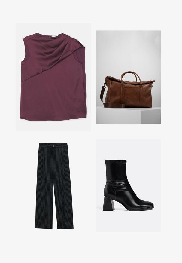 Bordowa skórzana kurtka bombowa z zamkiem z przodu, stojącym kołnierzem, dwiema bocznymi kieszeniami oraz elastycznymi mankietami i dołem. Gładka faktura.; Bordowy top bez rękawów, wykonany z gładkiego materiału, z falującym krojem, charakteryzujący się asymetrycznym cięciem i okrągłym dekoltem.; Czarne szerokie spodnie w paski wykonane z teksturowanej tkaniny, z zapięciem na guziki z przodu i plisowanym wzorem dla dodatkowego interesu.; Czarne skórzane botki za kostkę o gładkim wykończeniu, kwadratowym nosku i fakturowanym obcasie w kształcie bloku. Charakteryzują się elastycznym projektem kostki oraz widocznym przeszyciem.; Brązowa skórzana torba sportowa z zamknięciem na zamek, podwójnymi uchwytami, regulowanym paskiem na ramię oraz widocznymi wzorami tekstury na powierzchni.