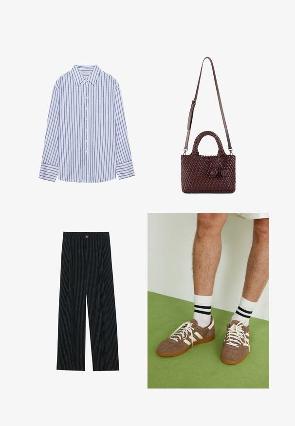 Veste bomber en cuir bordeaux avec une fermeture éclair à l'avant, col montant, deux poches latérales, et des poignets et un ourlet élastiques. Texture lisse.; Chemise bleu clair à manches longues, avec des rayures verticales blanches et bleues, dotée d'un col classique et de poignet à boutons.; Pantalons large à rayures noires en tissu texturé, dotés d'une fermeture à bouton sur le devant et d'un design plissé pour un intérêt supplémentaire.; Baskets en daim marron avec des accents et des lacets blancs. Semelle en caoutchouc gomme. Portées avec des chaussettes blanches à rayures noires. Sol texturé vert.; Sac à main en cuir tressé marron avec une poignée supérieure et une bandoulière réglable, présentant des franges décoratives sur un côté.