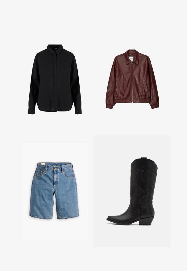 Burgundi bőr bomberdzseki elülső cipzárral, állógallérral, két oldalsó zsebbel, valamint rugalmas mandzsettával és hem. Sima textúra.; Fekete hosszúujjú gombos ing, pamutból készült, klasszikus gallérral, elülső gombokkal és laza szabással, ívelt alsó résszel.; Kék farmer rövidnadrág klasszikus öt zsebes kialakítással, cipzáras fronttal, gombos záródással és koptatott szegésekkel.; Fekete bőr cowboy csizma hegyes orral, alacsony, rétegelt sarkal és bonyolult, dombornyomott levélmintával a szárán. Hurok a tetején a könnyű felvétel érdekében.