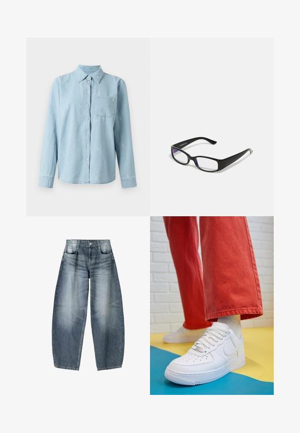 Burgundska kožna bomber jakna s prednjim patentnim zatvaračem, stojećim ovratnikom, dva bočna džepa i elastičnim manžetama i rubom. Glatka tekstura.; Svijetloplava traper košulja s dugim rukavima, kopčanje na gumbe sprijeda i džepom na prsima. Sadrži bijelu cvjetnu aplikaciju po cijeloj tkanini.; Široke traperice od svijetloplavog denima s izblijedjelim dijelovima, s dizajnom od pet džepova, zakopčavanjem na dugme i minimalnim detaljima šavova.; Bijele kožne tenisice s perforiranim prednjim dijelom, teksturiranim đonom i bijelim vezicama, u kombinaciji s širokim crvenim hlačama i plavo-žutom pozadinom.; Crne pravokutne naočale s prozirnim lećama. Sjajni finiš, uske krakove i ljubičastu nijansu vidljivu na rubovima leća.