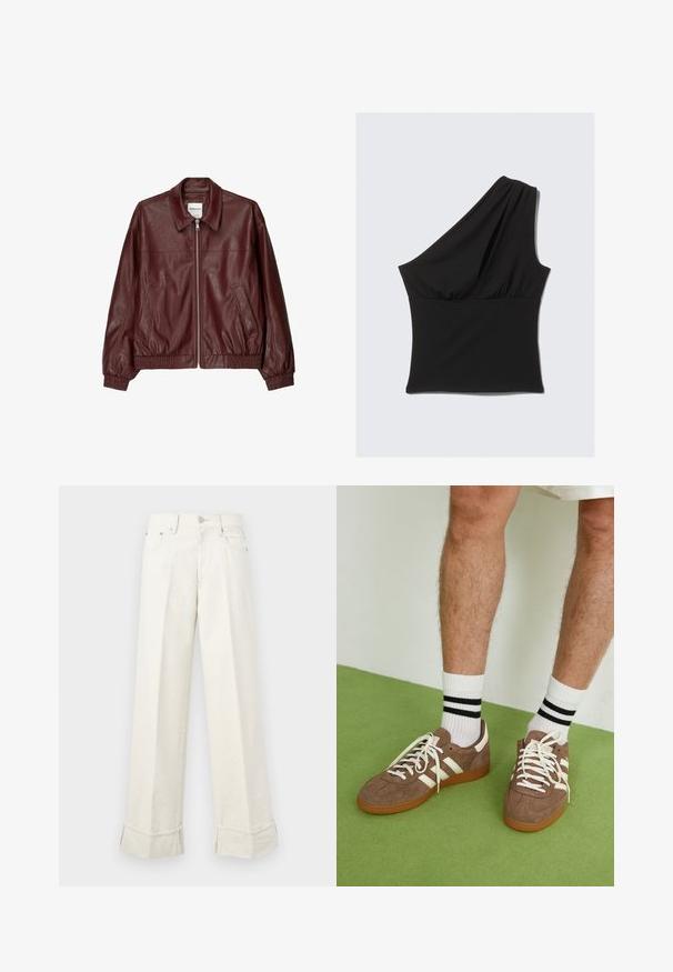 Burgundská kožená bomber bunda s předním zipem, stojáčkem, dvěma bočními kapsami a elastičtými manžetami a lemem. Hladká textura.; Asymetrický černý top vyrobený z elastického materiálu, který má drapovaný design na jednom rameni a nařasený pas pro přiléhavý vzhled.; Krémové široké kalhoty vyrobené z bavlny, s ohnutým lemem a poutky na pásek. Navrženy se dvěma předními kapsami a uzávěrem na knoflík.; Hnědé semišové tenisky s bílými akcenty a tkaničkami. Gumová podrážka. Nošeny s bílými ponožkami s černými pruhy. Zelená strukturovaná podlaha.
