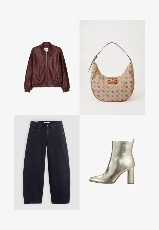 Giacca bomber in pelle bordeaux con zip frontale, colletto rialzato, due tasche laterali e polsini ed orlo elasticizzati. Texture liscia.; Top nero senza maniche con collo alto, realizzato in tessuto morbido, con una patch logo Levi's bianco centrata sul petto.; Jeans larghi in denim nero con vita alta, due tasche frontali e accessori in metallo argentato. Texture liscia, dettagli di cucitura minimi e gamba dritta.; Stivale alla caviglia di colore oro metallico con punta affilata, texture liscia e tacco alto chunky. Presenta un pratico occhiello sul retro per indossarlo facilmente.; Borsa hobo beige con motivo logo marrone, rifiniture in pelle e una chiusura metallica con una "G" in rilievo. Include una tracolla regolabile.