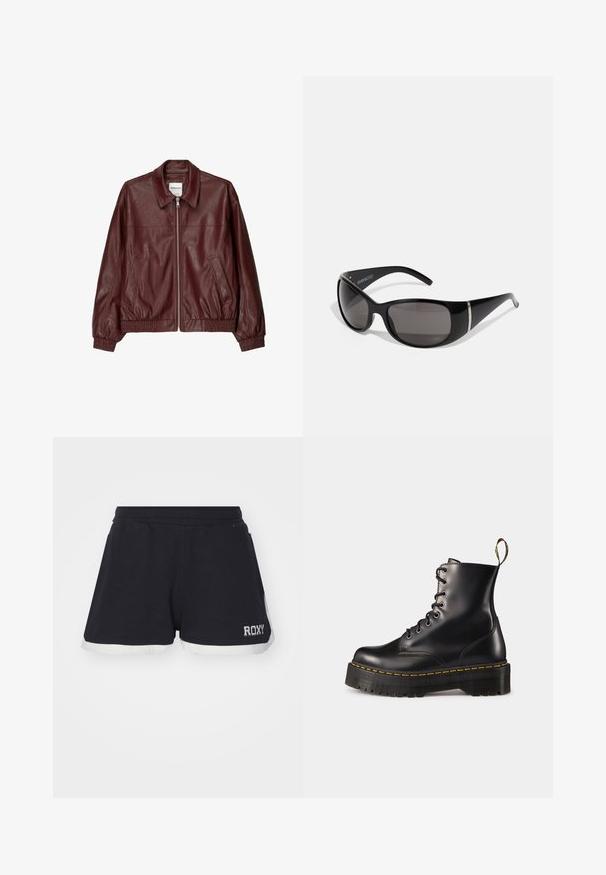 Burgundy nahka bomber-takki, jossa on etuvetoketju, seisova kaulus, kaksi sivutaskua sekä joustavat hihansuut ja helma. Sileä pinta.; Kaksi hihattomaa toppia mustana ja valkoisena, valmistettu ribbikankaasta, jossa on pyöreät kaula-aukot ja tiukka muotoilu. Tunnisteet näkyvät molemmissa.; Mustat shortsit, joissa on valkoinen reunus. Valmistettu pehmeästä kankaasta, joustava vyötärö ja "ROXY"-logo alareunassa.; Mustat nahkasaappaat, joissa on nyöritys nilkkoihin asti, paksu musta pohja ja keltaset ompeleet. Takana vetotappi ja pyöreät metalliset silmukat.; Mustat aurinkolasit, joissa on kiiltävät muovikehykset, harmaasävyiset gradienttilinssit ja hopeanväriset yksityiskohdat sivuilla. Tyylikäs, kaareva muotoilu.; Musta kangaspussi, jossa on teksturoitu, tikkikuvio. Pyöreä muoto, lyhyet, paksut kahvat ja pehmeä, joustava rakenne.