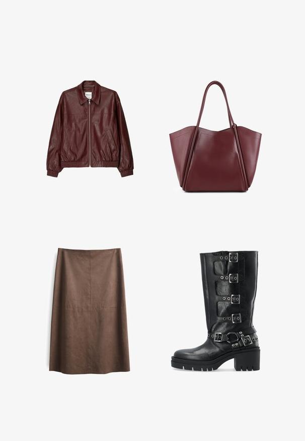 Bordeaux leren bomberjack met een voorsluiting met rits, staande kraag, twee zijzakken en elastische manchetten en onderrand. Glad textuur.; Mango ADELA - Top - off-white; Bruine suede A-lijn rok met een zachte textuur, knielange stijl en subtiele naaddetails. Geen zichtbare hardware of accenten.; Zwarte leren kniehoog laars met vier zilveren gespbanden, een dikke platformzool en gestikte accenten rond de enkel.; Grote bordeauxleren tote bag met twee lange handvatten, hoekig ontwerp, gladde textuur en subtiele geperste logo aan de voorkant.