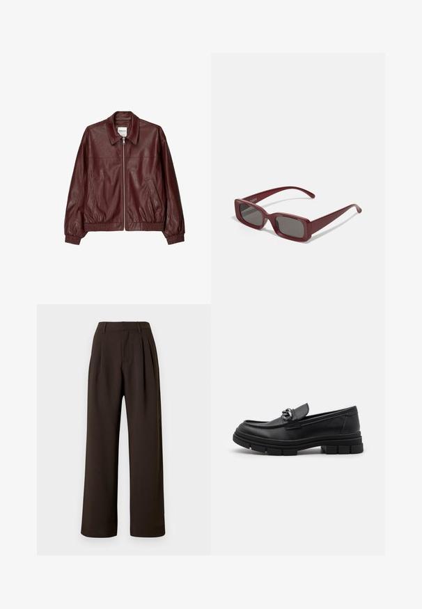 Bordeauxfarbene Leder-Bomberjacke mit einem Reißverschluss vorne, stehendem Kragen, zwei Seitentaschen und elastischen Bündchen sowie Saum. Glatte Textur.; Zwei figurbetonte Tanktops in Schwarz und Weiß. Aus geripptem Baumwollmaterial hergestellt, verfügen sie über breite Träger und runde Ausschnitte. Branding am Kragen.; Dunkelbraune, hoch taillierte, weit geschnittene Hose mit Gürtelschlaufen, vorderen Falten und verdecktem Frontverschluss vor weißem Hintergrund.; Schwarzer Lederloafer mit runder Zehenform, einem dekorativen Riemen und Hardware sowie einer robusten, strukturierten Sohle. Glatte Oberfläche mit dezenten Details.; Burgunderfarbene rechteckige Sonnenbrille mit dunklen Gläsern, dicken Fassungen und schmal zulaufenden Bügeln. Hergestellt aus glänzendem Kunststoff mit glatter Textur.