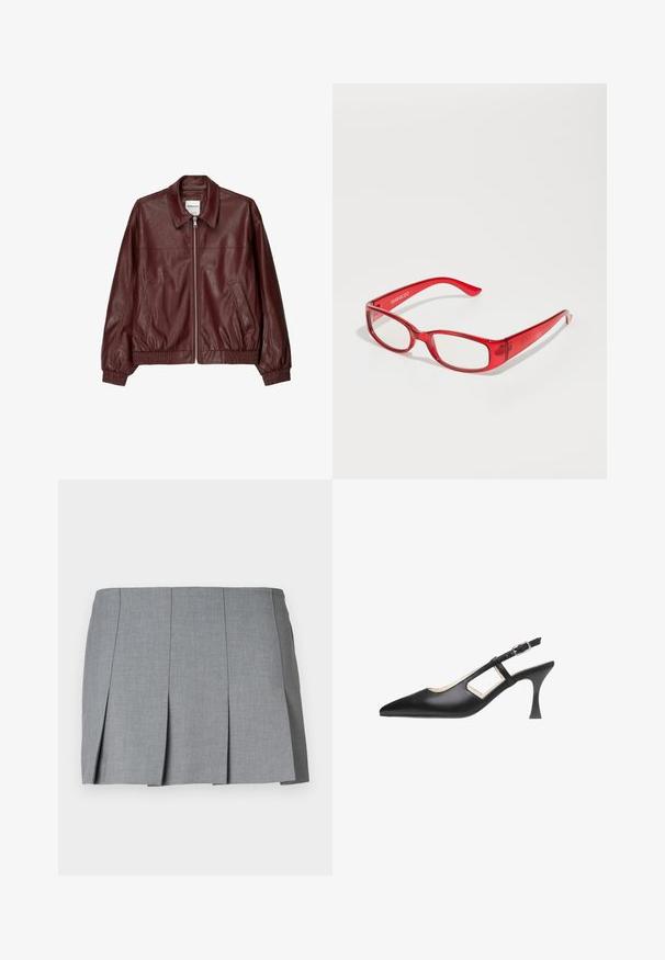 Bordeauxfarbene Leder-Bomberjacke mit einem Reißverschluss vorne, stehendem Kragen, zwei Seitentaschen und elastischen Bündchen sowie Saum. Glatte Textur.; Weißes Baumwoll-T-Shirt mit einem grafischen Design von zwei roten Kirschen mit Highlights, in der Mitte auf der Vorderseite positioniert, kurzen Ärmeln und Rundhalsausschnitt.; Grauer plissierter Rock mit glatter Textur, strukturiertem Design und tailliertem Schnitt. Hergestellt aus einem leichten Stoff mit dezentem Muster.; Schwarzer Slingback-Pump aus glattem Leder, mit einer spitzen Zehenpartie, schlankem Absatz und seitlichen Ausschnitten mit einem Schnallenriemen.; Rote Kunststoffbrille mit rechteckigem Rahmen, klaren Gläsern und schmalen Bügeln. Das Markenlogo "even&odd" ist am Rahmen eingeprägt.; Schwarze geflochtene Schultertasche mit einem glatten Ledertragegurt und Reißverschluss. Verfügt über eine strukturierte Oberfläche und eine gebogene Form.