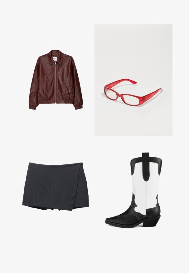 Bordowa skórzana kurtka bombowa z zamkiem z przodu, stojącym kołnierzem, dwiema bocznymi kieszeniami oraz elastycznymi mankietami i dołem. Gładka faktura.; Biała bawełniana koszulka z krótkim rękawem, z nadrukiem dwóch czerwonych wiśni z podświetleniami, usytuowana na środku z przodu, okrągły dekolt.; Czarna spódnica mini w paski, zapinana na krzyż, wykonana z gładkiego materiału. Posiada czyste wykończenie i brak widocznych zapięć.; Czarno-biała kowbojska bootka wykonana z syntetycznej skóry, z ostrym noskiem, falistym wzorem i niskim obcasem blokowym. Zauważalny detal w postaci przeszyć.; Czerwone plastikowe okulary w prostokątnej oprawie, z przezroczystymi soczewkami i cienkimi zausznikami. Na zauszniku jest wytłoczone logo marki "even&odd".; Czarna, pleciona torba na ramię z gładkim skórzanym paskiem i zapięciem na zamek. Charakteryzuje się teksturowaną powierzchnią i zakrzywionym kształtem.