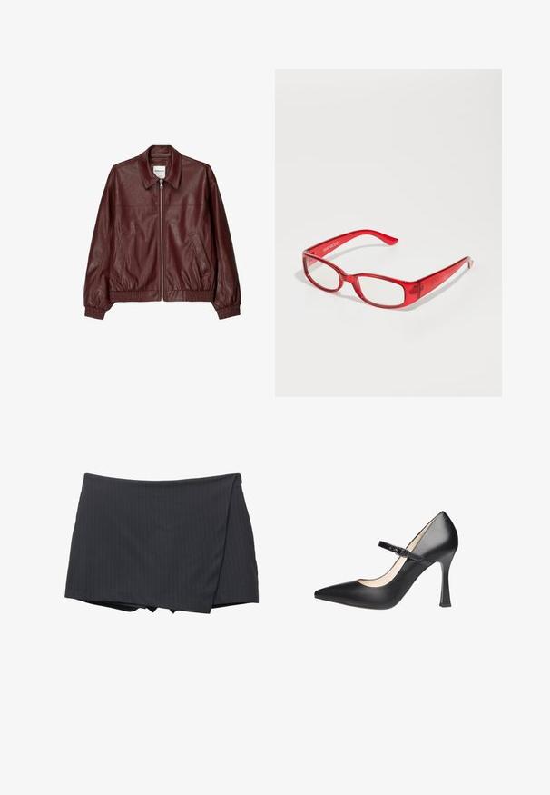 Burgunderfarvet læder bomberjakke med frontlynlås, ståkrave, to sidelommer og elastiske manchetter og kant. Glat tekstur.; Hvid bomulds t-shirt med et grafisk design af to røde kirsebær med højlys, placeret centralt foran, korte ærmer, rund hals.; Sort mini nederdel med striber og draperet design, fremstillet af et glat stof. Har en ren finish og ingen synlige lukninger.; Sorte læder højhælede Mary Jane-pumper med spids tå, ankelrem og tekstureret overflade. Har en struktureret hæl for støtte.; Røde plastikbriller med rektangulært stel, klare linser og slanke stænger. Brandlogoet "even&odd" er præget på stangen.; Sort vævet skuldertaske med en glat læderrem og lynlåslukning. Har en tekstureret overflade og en buet form.