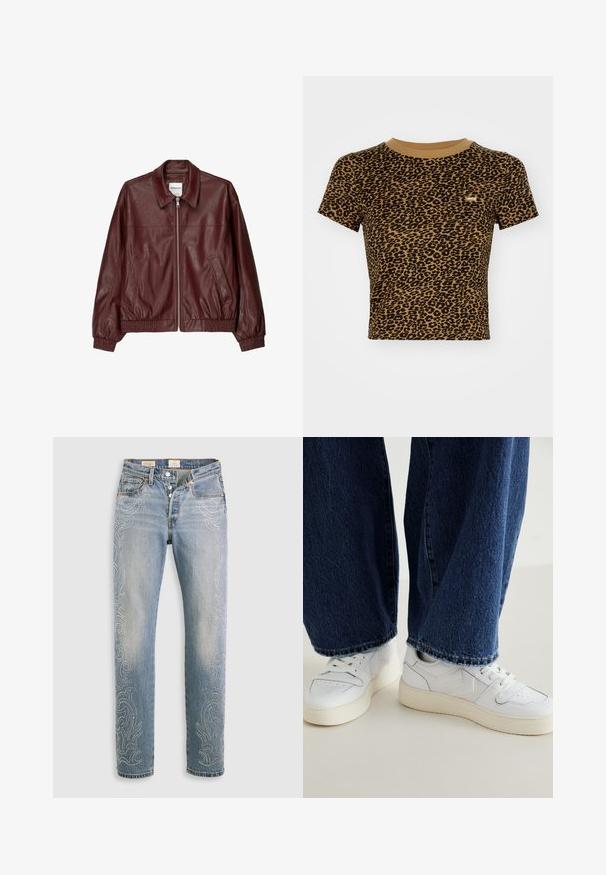 Burgundy leather bomber jacket with a front zipper, standing collar, two side pockets, and elasticized cuffs and hem. Smooth texture.; Levi's® Print T-shirt - braun; Light blue denim jeans with a high waist, straight leg, and decorative bead patterns along the outer seams. Five-pocket design and button fly.; White sneakers with textured details and beige accents, paired with dark blue wide-leg jeans featuring frayed hems.