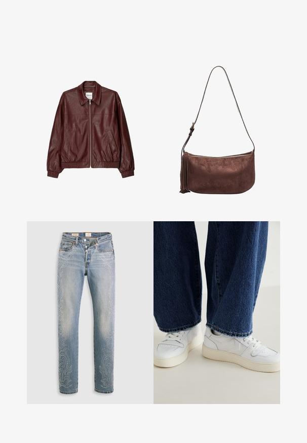 Bordová kožená bomber bunda s predným zipsom, stojatým golierom, dvoma bočnými vreckami a elastickými manžetami a lemom. Hladká textura.; Levi's® Tričko s potlačou - braun; Svetlomodré deninové rifle s vysokým pásom, rovnými nohavicami a dekoratívnymi perlami pozdĺž vonkajších švov. Dizajn s piatimi vreckami a zapínaním na gombík.; Biele tenisky s textúrovanými detailmi a béžovými akcentmi, skombinované s tmavomodrými širokými džínami so strapcami.; Hnedá semišová crossbody taška so zipsovým uzáverom, zakriveným tvarom a bočným detailom s třásňami. Obsahuje nastaviteľný popruh pre rôznu dĺžku.