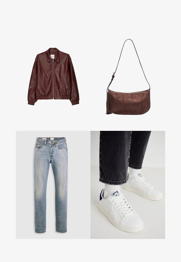 Burgundská kožená bomber bunda s předním zipem, stojáčkem, dvěma bočními kapsami a elastičtými manžetami a lemem. Hladká textura.; Levi's® Triko s potiskem - braun; Světlé modré džíny s vysokým pasem, rovnými nohavicemi a dekoračními perlami podél vnějších švů. Design s pěti kapsami a knoflíkovým zapínáním.; Bílé kožené tenisky s námořnickými akcenty, perforovaným designem a plochými tkaničkami. Mají značenou jazykovou etiketu a světlou gumovou podrážku.; Hnědá semišová kabelka přes rameno se zipovým uzávěrem, zakřiveným tvarem a bočním detailem s třásněmi. Obsahuje nastavitelný popruh pro různou délku.