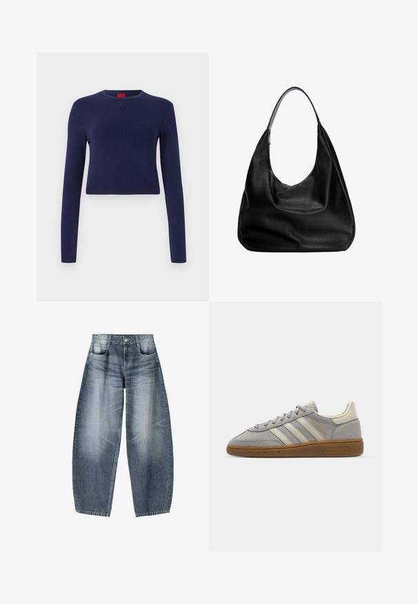 Burgunderfarvet læder bomberjakke med frontlynlås, ståkrave, to sidelommer og elastiske manchetter og kant. Glat tekstur.; Mørkeblå cropped langærmet top lavet af blødt stof, med rund halsudskæring og præget logo på brystet.; Bredde jeans lavet af lyseblå denim med falmning, der har et fem-lomme design, knaplukning og minimale syninger.; Grå suedet sko med lysegrå læderstriber og en gummigummisole. Funktioner inkluderer snørebåndslukning og subtil branding på tungen.; Sort læder hobo taske med et afslappet design, bred skulderrem og glat tekstur. Har en enkelt lynlåslukning på siden.