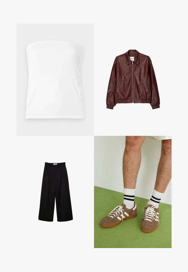 Veste bomber en cuir bordeaux avec une fermeture éclair à l'avant, col montant, deux poches latérales, et des poignets et un ourlet élastiques. Texture lisse.; Top blanc sans bretelles en tissu côtelé, avec un décolleté droit et des boutons sur le côté droit pour un ajustement ajustable.; Pantalons larges noirs à taille haute, avec une devant plissé et une fermeture à bouton. Fabriqués en tissu lisse avec un design ajusté.; Baskets en daim marron avec des accents et des lacets blancs. Semelle en caoutchouc gomme. Portées avec des chaussettes blanches à rayures noires. Sol texturé vert.