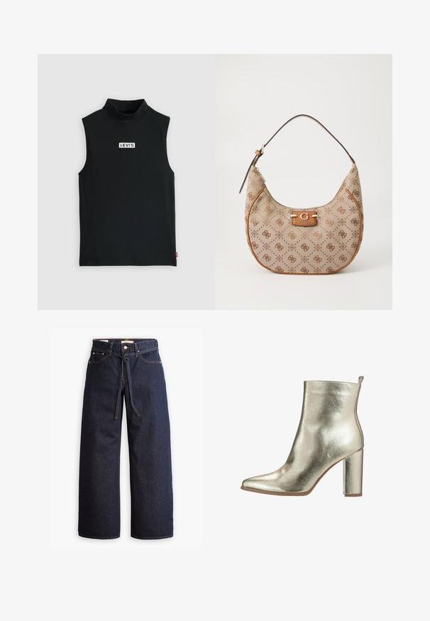 Bordeauxfarbene Leder-Bomberjacke mit einem Reißverschluss vorne, stehendem Kragen, zwei Seitentaschen und elastischen Bündchen sowie Saum. Glatte Textur.; Schwarzes ärmelloses Turtleneck-Top aus Stretchstoff, mit einem zentralen weißen Levi's-Logo auf einem rechteckigen Patch, mit glatter Textur.; Weite, dunkelblaue Jeans aus Denim mit hoher Taille, ausgestattet mit einem Kordelzug, fünf Taschen und kontrastierenden Nähdetails.; Metallisch goldener Knöchelstiefel mit spitzer Spitze, glatter Textur und einem klobigen hohen Absatz. Verfügt über eine Schlaufe an der Rückseite für ein einfaches Anziehen.; Beige Hobo-Tasche mit braunem Logo-Muster, Lederbesatz und einem Metallverschluss mit erhabenem "G". Verstellbarer Schultergurt inklusive.