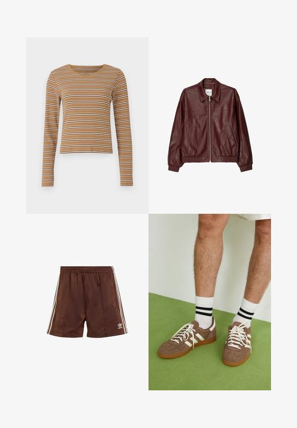 Burgunderfarvet læder bomberjakke med frontlynlås, ståkrave, to sidelommer og elastiske manchetter og kant. Glat tekstur.; Brun langærmet top med vandrette hvide og mørkebrune striber, ribbet tekstur og rund halsudskæring, med et cropped design.; Brune atletiske shorts lavet af glat stof med en afslappet pasform, med hvide sidelæg og et broderet logo på den nederste venstre kant.; Brune ruskind sneakers med hvide detaljer og snørebånd. Gummisål i naturgummi. Båret med hvide sokker med sorte striber. Grøn struktureret gulv.