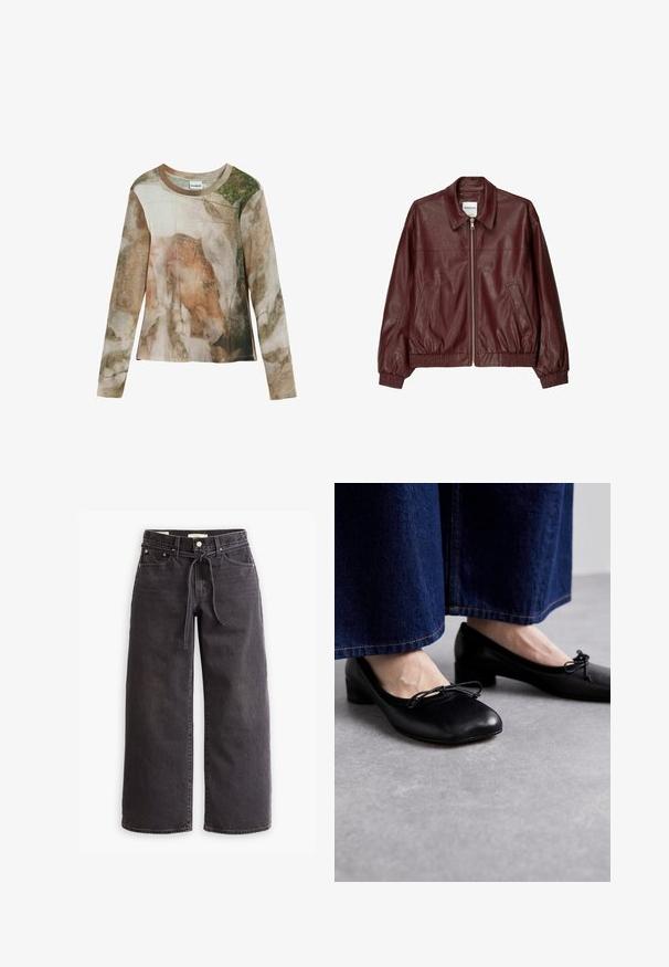 Bordowa skórzana kurtka bombowa z zamkiem z przodu, stojącym kołnierzem, dwiema bocznymi kieszeniami oraz elastycznymi mankietami i dołem. Gładka faktura.; Lekki, długi rękaw, z nadrukiem abstrakcyjnym inspirowanym naturą w ziemistych odcieniach brązu i zieleni. Okrągły dekolt i miękka faktura.; Czarne dżinsy o szerokich nogawkach, wykonane z denimu, z elastycznym paskiem na sznurki, pięcioma kieszeniami oraz kontrastowym szwem. Płaski przód.; Czarne skórzane buty z kwadratowym noskiem i małym obcasem, z dekoracyjną kokardą z przodu. Noszone z ciemnoniebieskimi spodniami dżinsowymi.