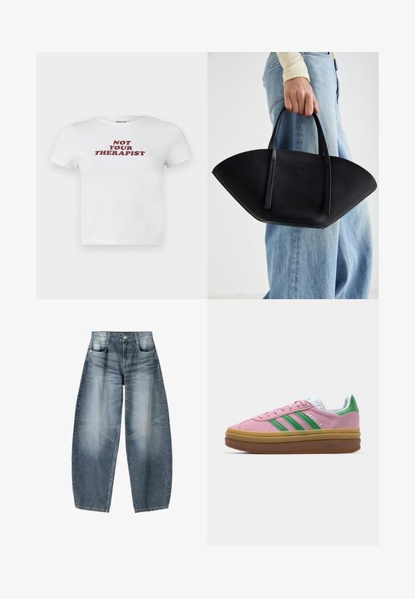 Burgundská kožená bomber bunda s předním zipem, stojáčkem, dvěma bočními kapsami a elastičtými manžetami a lemem. Hladká textura.; Bílé bavlněné tričko s krátkými rukávy, na kterém je výrazný vínový text "NE JSEM TVŮJ TERAPEUT" napsaný hravým písmem.; Džínsy s širokými nohavicemi vyrobené z světle modrého denimového materiálu s vybledlým vzhledem, s pěti kapsami, zapínáním na knoflík a minimálními stehy.; Růžové semišové tenisky se zelenými pruhy, bílými akcenty a hnědou gumovou podrážkou. Mají strukturovanou tkaninu a detail s logem na boku.; Černá kožená kabelka s jedinečným tvarováním ve tvaru vějíře, vybavená plochými uchy. Povrch má jemně zrnitou texturu a minimalistický design.