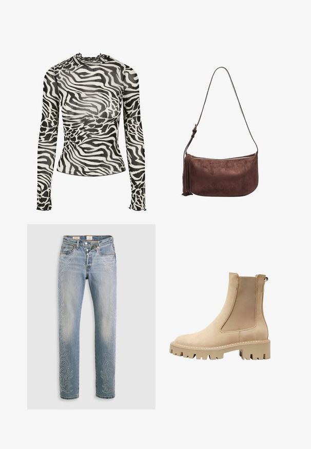 Burgunderfarvet læder bomberjakke med frontlynlås, ståkrave, to sidelommer og elastiske manchetter og kant. Glat tekstur.; Langærmet top med høj hals, prydet med et sort-hvidt zebra-print design på gennemsigtigt stof. Flæse-accenter ved halsudskæringen og manchetterne.; Lysblå denimjeans med høj talje, lige ben og dekorative perlemønstre langs de ydre sømme. Fem-lomme-design og knaplukning.; Beige ankelstøvle med en glat suedefinish, elastiske sidepaneler og en kraftig sål for godt greb. Har dekorative syninger.; Brun ruskind crossbody taske med lynlås, buet form og en side-tassel detalje. Har en justerbar skulderrem til variabel længde.
