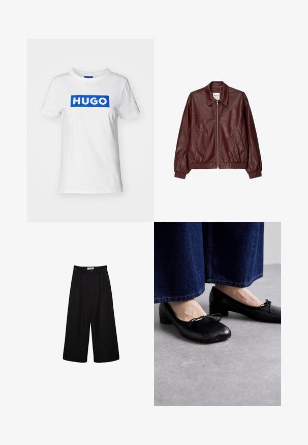 Burgundska kožna bomber jakna s prednjim patentnim zatvaračem, stojećim ovratnikom, dva bočna džepa i elastičnim manžetama i rubom. Glatka tekstura.; Bijela pamučna majica s plavim pravokutnim logotipom "HUGO" otisnutim na prednjem dijelu. Klasičan okrugli izrez i kratki rukavi.; Crne široke hlače s visokim strukom, nabranim prednjim dijelom i kopčanjem na dugme. Izrađene su od glatkog materijala s krojenim dizajnom.; Crne kožne cipele sa kvadratnim vrhom i niskom petom, s dekorativnom mašnom sprijeda. Nosive s tamnim trapericama.