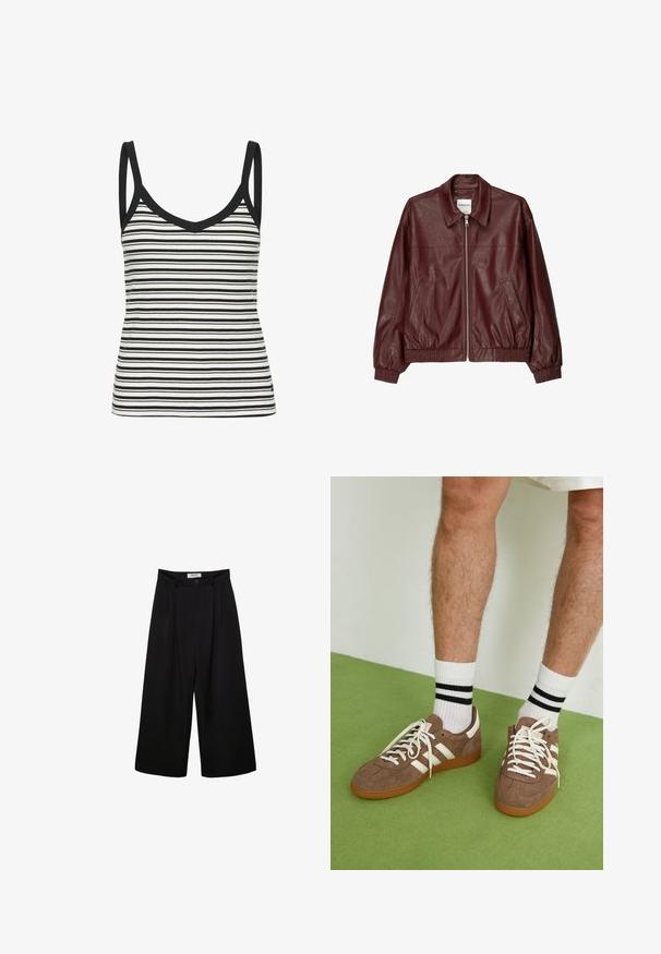 Bordeauxfarbene Leder-Bomberjacke mit einem Reißverschluss vorne, stehendem Kragen, zwei Seitentaschen und elastischen Bündchen sowie Saum. Glatte Textur.; Schwarzes und weißes gestreiftes Tanktop mit V-Ausschnitt und dünnen Trägern, das eine gerippte Textur aufweist und einen schwarzen Rand entlang des Ausschnitts und der Armlöcher hat.; Schwarze weite Hosen mit hoher Taille, gefaltetem Vorderteil und Knopfverschluss. Aus glattem Stoff mit maßgeschneidertem Design.; Braune Wildleder-Sneaker mit weißen Akzenten und Schnürsenkeln. Gummisohle in Kautschuk-Optik. Getragen mit weißen Socken, die schwarze Streifen haben. Grüner strukturierter Fußboden.