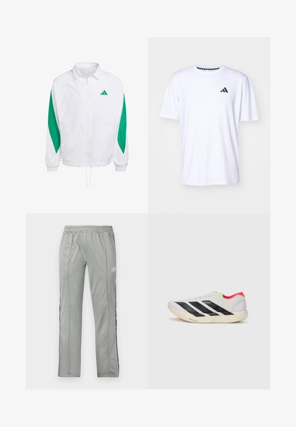 Bijela jakna s prozračnim materijalom i zelenim bočnim detaljima. Ima prednji patentni zatvarač, elastične manžete i kapu s povlačenjem. Logotip sportske marke na prsima.; Bijela kratkotrajna majica s kratkim rukavima izrađena od tkanine s glatkom teksturom. Sadrži crni adidas logotip na lijevoj strani prsnog koša i uzorak na ovratniku.; Svijetlosive Umbro sportske hlače s elastičnom navlakom i crno-bijelim bočnim prugama, prikazane na bijeloj pozadini.; Bijela trkačka cipela s crnim prugama, neon zelenim naglascima i crvenim petom. Ima lagani dizajn i teksturiranu potplat za bolji grip.