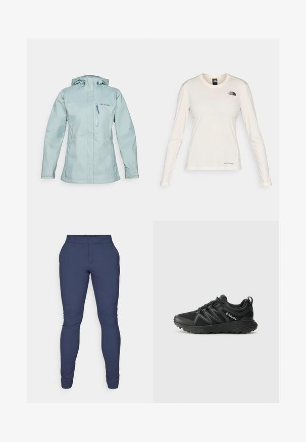 Veste imperméable bleu clair avec capuche, poche poitrine zippée, manches ajustables et branding subtil à l'avant. Tissu lisse et durable.; The North Face SHADOW LONG SLEEVE - T-shirt à manches longues - white dune; Pantalon marine en tissu lisse et élastique. Présente une coupe slim, une taille plate et des ouvertures de jambes effilées. Pas d'ornements visibles.; Columbia PEAKFREAK - Chaussures de marche - black