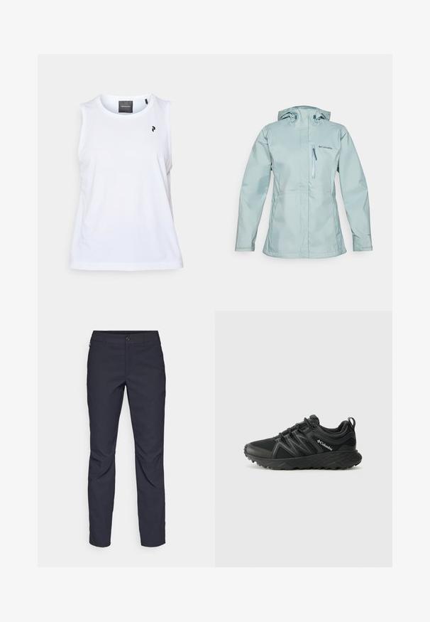 Šviesiai mėlyna vandeniui atspari striukė su gobtuvu, užtrauktuku užsegama krūtinės kišenė, reguliuojamu rankovių plotu ir subtiliu logotipu priekyje. Lygus, patvarus audinys.; Balta be rankovių sportinė marškinė su apvaliu iškirpimu ir lygiu paviršiumi. Ant peties yra mažas juodas logotipas, o dizainas paprastas.; Tamsiai mėlynos kelnės, pagamintos iš lygaus audinio, su priekiniais mygtukais, lieknos silueto ir raukšlėmis ant kelių.; Columbia PEAKFREAK - Turistiniai batai - black