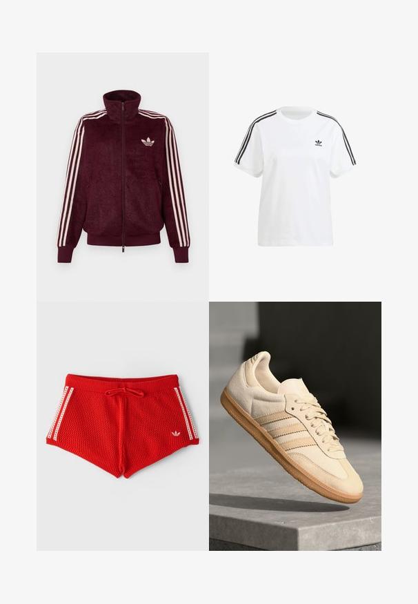 Jaqueta de desporto em bordeaux, em tecido peluche, com fecho éclair e três riscas brancas nas mangas, além do logo trefoil branco da Adidas no lado esquerdo do peito.; T-shirt de algodão branca com mangas curtas, gola redonda e riscas verticais pretas nos ombros, com um pequeno logótipo preto no peito.; Calções de malha vermelhos com uma cintura canelada, cordão e riscas laterais brancas. Apresenta um pequeno logótipo branco na parte da frente esquerda.; Sapatilha de camurça bege clara com sola de borracha, três riscas diagonais e uma biqueira texturizada. Apresenta o logótipo na língua e na lateral.