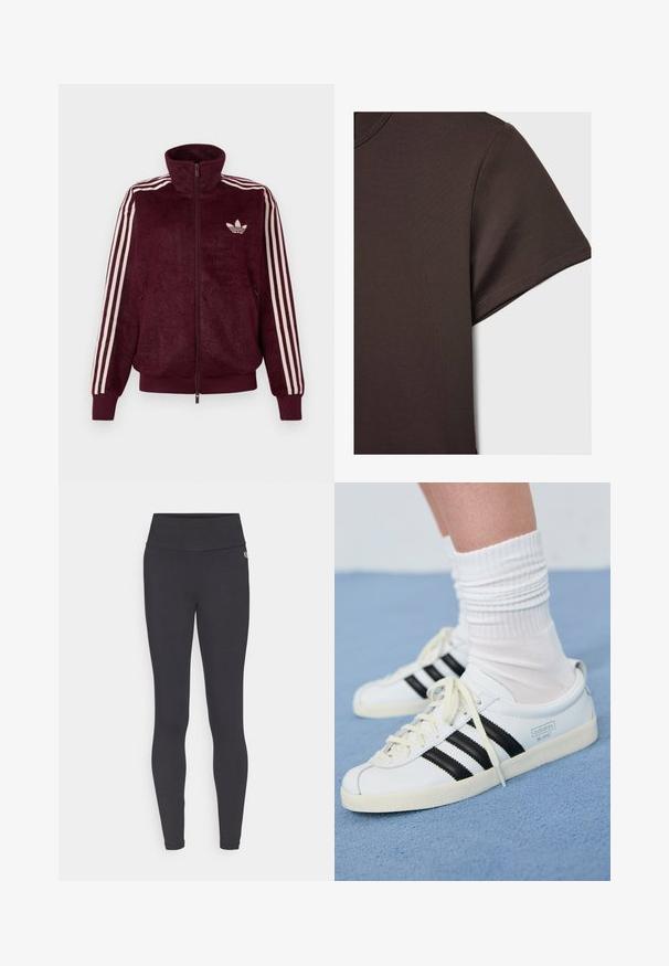 Burgundska plišasta zip-up trenirka s tremi belimi črtami na rokavih in belim Adidasovim trefoil logotipom na levi prsni strani.; Temno rjava majica s kratkimi rokavi, izdelana iz gladkega, raztegljivega materiala, z osnovnim krojem vratu in čistimi šivi.; Črne legice z visokim pasom. Narejene so iz gladkega, raztegljivega materiala. Imajo majhen logotip na zgornji strani. Brez vidnih vzorcev.; Bele usnjene športne čevlje z črnimi črtami, kremnim podplatom in svetlimi vezalkami. Obuti z belimi rebrastimi nogavicami, postavljeni na modro ozadje.
