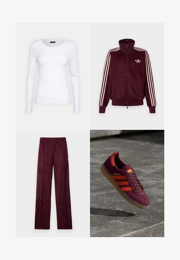 Burgundská měkká zipová sportovní bunda se třemi bílými pruhy na rukávech a bílým logem Adidas trefoil na levé hrudi.; Bílé žebrované tričko s dlouhým rukávem a kulatým výstřihem. Vyrobeno z elastické tkaniny, která obepíná tělo. Obsahuje jemné horizontální pruhy.; Burgundské atletické kalhoty vyrobené z texturované látky, s elastickým pasem a bočními švy pro rovný střih.; Bordové semišové tenisky s oranžovými pruhy a detaily, hnědými tkaničkami a gumovou podrážkou. Na jazyku se nachází logo.