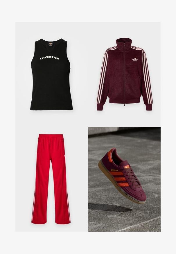 Burgundijas krāsas pūkaina zip-up sporta jaka ar trim baltām svītrām uz piedurknēm un baltu Adidas trefoil logotipu uz kreisā krūškurvja.; Melna bez piedurknēm tanka ar ribotu tekstūru, kurai uz krūtīm ir balts izliekts "DICKIES" logo un V veida kakla izgriezums.; Sarkanas sporta bikses ar brīvu piegriezumu, elastīgu jostu, divām sānu kabatām un baltām sānu svītrām. Izgatavotas no gluda, sintētiska materiāla.; Maroonsāda sporta apavi ar oranžām svītrām un akcentiem, brūniem auklām un gumijas zoli. Iekļauts logo uz mēles.