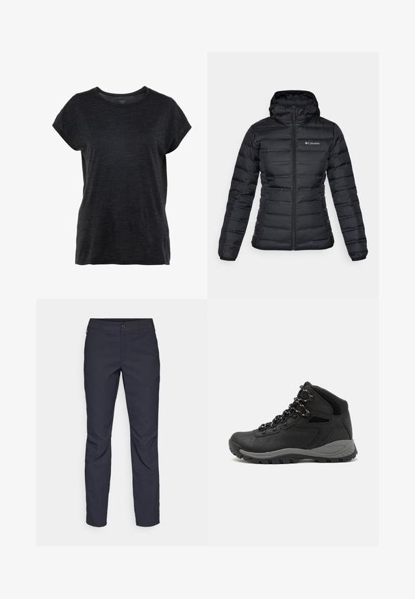 Mustapuffer-takki, jossa on vetoketjullinen etuosa, huppu ja elastiset hihat. Ominaisuuksiin kuuluu vaakasuora tikkaus ja pieni logo vasemmassa rintataskussa.; Tummanharmaa lyhythihainen t-paita, jossa on pyöreä kaula-aukko ja rento istuvuus. Kankaan pinta on pehmeä ja tekstuuri.; Tummansiniset housut, jotka on valmistettu sileästä kankaasta. Niissä on edessä nappikiinnitys, slim fit -malleista, ja polvissa on taitteet.; Musta vaelluskenkä, jossa on puolivartinen muotoilu, jolle on ominaista teksturoitu päällinen, harmaat yksityiskohdat ja kestävä kumipohja, jossa on pitoita lisääviä lukuja.
