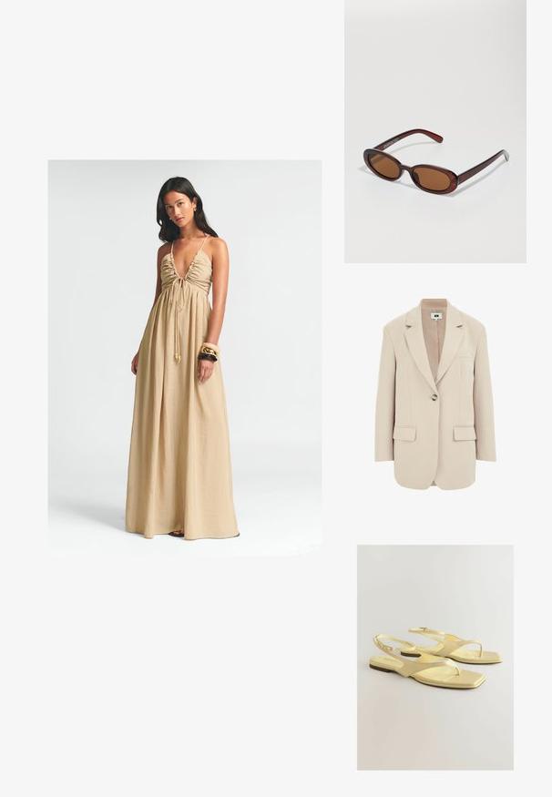 Beżowy żakiet o dopasowanym kroju, z klapami, pojedynczym zapięciem na guzik, dwoma przednimi kieszeniami oraz gładkim, teksturowanym materiałem.; Długa, beżowa sukienka maxi z głębokim dekoltem w kształcie V, marszczonym biustem i regulowanym wiązaniem. Lekka tkanina swobodnie układa się do podłogi.; Żółte płaskie sandały z teksturowanym, sztucznym skórzanym wierzchem, projekt z paskiem na palcach oraz paskiem wokół kostki z małym zapięciem. Kwadratowy kształt palców, minimalistyczny styl.; Okrągłe, brązowe okulary przeciwsłoneczne z błyszczącą bordową oprawą. Cienkie ramiona z subtelnym detalem marki. Płaski kształt soczewek.; Brązowa torebka skórzana pleciona o luźnym, trójkątnym kształcie. Posiada pleciony uchwyt i zamek błyskawiczny na górze.