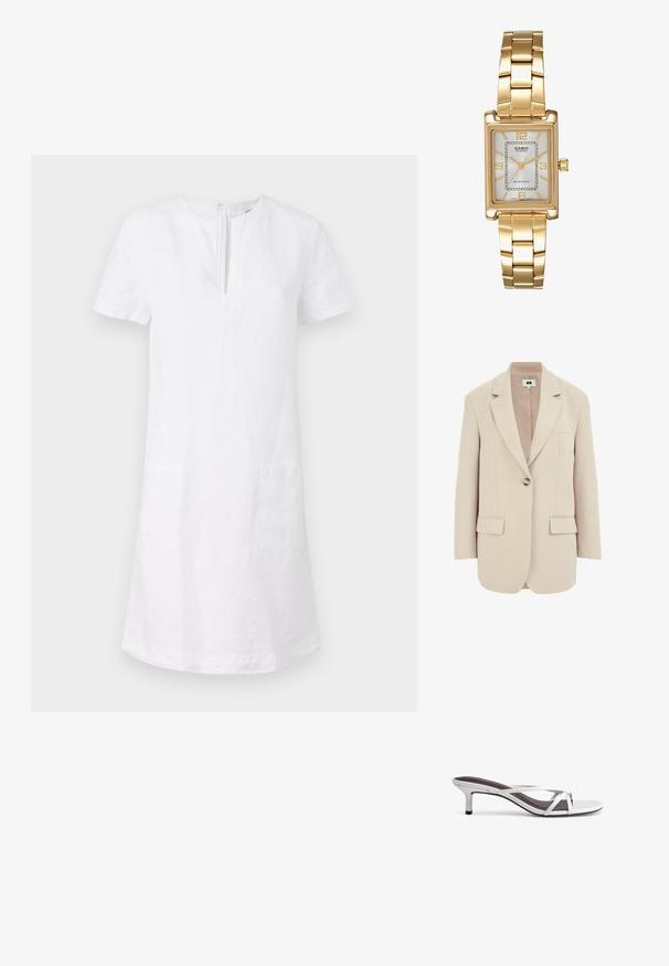 Bežs bleizeris ar strukturētu piegriezumu, ar ieliektām atlokām, vienu pogu aizdari, divi priekšējie kabatām un gludu, teksturētu audumu.; ASPESI ABITO - Dienas kleita - white; Sudraba zābaci ar krustu siksnu dizainu, gludu tekstūru un smailu purngali. Papēdis ir aptuveni divus collas augsts.; Zelta tonis taisnstūra rokas pulkstenis ar balto ciparnīcu, sudraba tonis stundu rādītājiem un izturīgu metāla saiti. Iekļauta ūdens izturība.