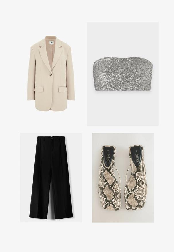 Blazer beige avec une coupe structurée, revers crantés, fermeture à un bouton, deux poches avant et un tissu lisse et texturé.; Haut bandeau en sequins argentés avec un design incurvé, une texture lisse et une finition scintillante. Présente une silhouette simple sans bretelles.; Pantalons larges noirs en tissu léger, avec une fermeture à bouton à l'avant et un devant plat, dotés d'ourlets soigneusement cousus.; Des sandales plates avec un motif serpent dans des nuances de beige et de gris, avec un design à lanières et une semelle intérieure lisse noire portant l'étiquette "NEXT."