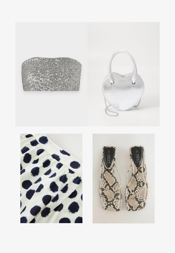 Bežový blazer so štruktúrovaným strihom, klopami, zapínaním na jeden gombík, dvoma prednými vreckami a hladkým, textúrovaným materiálom.; Strieborný top bandeau so sequínmi s krivkovým dizajnom, hladkou textúrou a žiarivým povrchom. Má jednoduchý, bezramienkový strih.; Biela sukňa z textílie s námorníckymi modrými kruhovými bodkami. Sukňa má nariasený pás a hladkú textúru.; Ploché sandále s hadím vzorom v odtieňoch béžovej a sivej farby, s dizajnom medzi prstami a hladkým čiernym vložkom označeným "NEXT."; Strieborná metalická kabelka v tvare srdca s dvojitými uchami, reťazovým popruhom a hladkým povrchom. Má kovové hardvérové prvky a prešívané okraje.