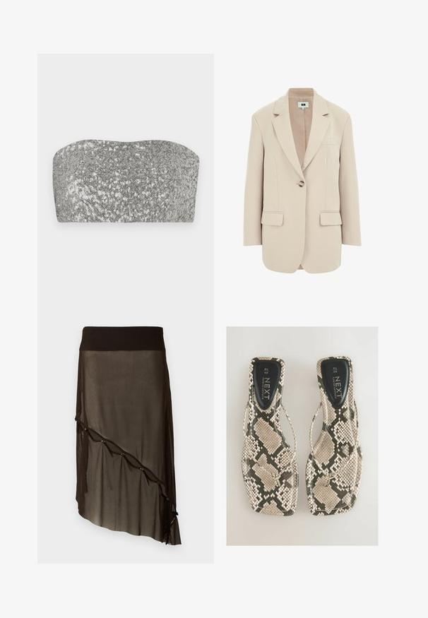 Beige blazer with a structured fit, notched lapels, single button closure, two front pockets, and a smooth, textured fabric.; Silver sequin bandeau top with a curved design, smooth texture, and shimmering finish. Features a straightforward, strapless silhouette.; Black mesh skirt with a fitted waistband, asymmetrical hem, decorative buttons along the front, and layered sheer texture.; Flat sandals featuring a snakeskin pattern in shades of beige and gray, with a thong design and a smooth black insole labeled "NEXT."