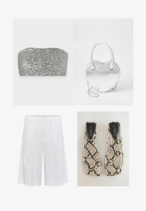 Világos bézs zakó, strukturált szabással, kifordított lapokkal, egysoros gombolással, két elülső zsebbel és sima, texturált anyagból készült.; Ezüst flitteres bandeau felső ívelt kialakítással, sima textúrával és csillogó felülettel. Egyszerű, pánt nélküli sziluettel rendelkezik.; Fehér vászon rövidnadrág laza szabással, széles lábú dizájnnal, elülső redőkkel és sima textúrával a légáteresztés érdekében.; Lapos szandál, bézs és szürke árnyalatú kígyóbőr mintával, thong kialakítással és sima fekete betéttel, amelyen a "NEXT" felirat található.; Ezüst fém szív alakú kézi táska dupla fogantyúval, láncos pánttal és sima felülettel. Fém hardverrel és varrott szélekkel rendelkezik.