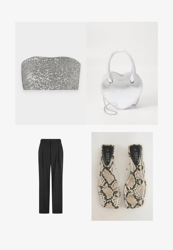 Bež bleiser struktureeritud lõikega, lõikelapid, ühe nööbi sulgemine, kaks esist pocketit ja sile, tekstureeritud kangas.; Hõbedane sädelev bandeau-top, millel on kõverdisain, sile tekstuur ja särav viimistlus. Omab lihtsat, õlavaba siluetti.; Mustrieritud mustad püksid kõrge vöökohaga, pleediridadega esiosas ja sirge lõikega. Kanga tekstuur on nähtav ja elegantselt õmmeldud ametlikuks välimuseks.; Lame lamed, millel nahkmustriga beežide ja hallide toonidega, kootud disainiga ja siledat musta sisetallaga, millel on silt "NEXT."; Hõbedane metallik südamekujuline käekott, millel on kaks käepidet, ahelast rihm ja sile tekstuur. Omab metalset riistvara ja õmblustega servi.