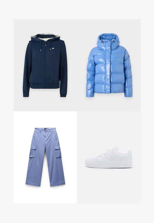 Pohodlná modrá páperová bunda s lesklým povrchom, vysokým golierom a nastaviteľnou kapucňou so šnúrkou. Obsahuje ribbed manžety a predný zips.; Námornícky modrá mikina s kapucňou na zips vpredu, elastickým pásom, bočnými pruhmi a nastaviteľnou šnúrkou na kapucni. Hladká látka, bez vzorov.; Biely dlhý rukáv v štýle roláka vyrobený z hladkej, elastickej tkaniny. Má vysoký golier a priliehavý strih, bez viditeľných vzorov alebo ozdôb.; Svetlo modré cargo nohavice vyrobené z hladkého materiálu. Obsahujú dvojité bočné vrecká, voľný strih a rovný strih nohavíc s prešitým detailom.; Biele tenisky vyrobené z hladkého syntetického materiálu, s okrúlou špičkou, plochou podrážkou a jemnými logovými detailmi po stranách. Klasický nízky strih.