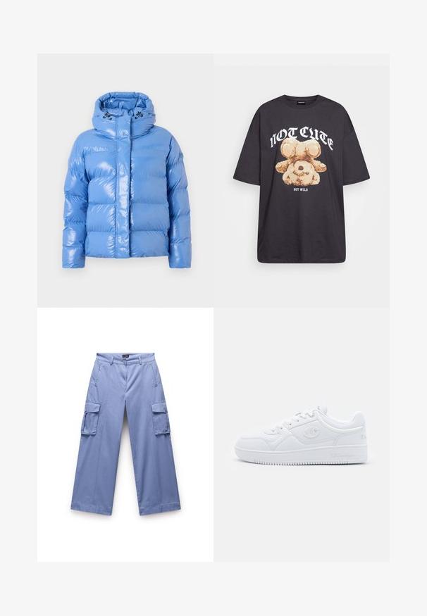 Polstret blå pufferjakke med en blank finish, høj krave og justerbar snoretrækshætte. Har ribbede manchetter og en frontlynlås.; Sort oversized t-shirt med et grafisk motiv af en bjørn samt teksten "IKKE SØD MEN VILD" i fede, hvide bogstaver. 100% bomulds materiale.; Lyseblå cargo-bukser lavet af et glat stof. Har dobbelte sidelommer, afslappet pasform og lige ben-design med sømdetaljer.; Hvide sneakers lavet af glat syntetisk materiale, med rund tå, flad sål og diskrete logo detaljer på siderne. Klassisk lavt design.