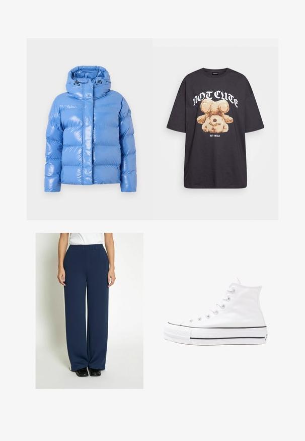 Padded blue puffer jacket with a shiny finish, high collar, and adjustable drawstring hood. Features ribbed cuffs and a front zipper.; Black oversized t-shirt featuring a graphic of a bear with the text “NOT CUTE BUT WILD” in bold, white lettering. Cotton material.; PEPPERCORN Tracksuit bottoms - black iris; White high-top canvas sneaker with black rubber sole, front rubber toe cap, and six eyelets for laces, featuring a clean, minimalist design.