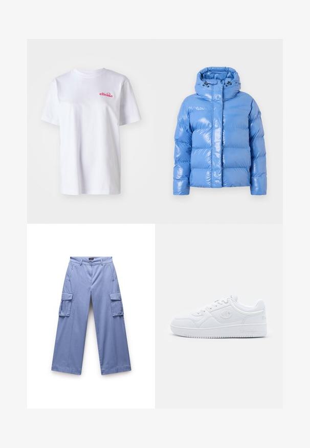 Padded blue puffer jacket with a shiny finish, high collar, and adjustable drawstring hood. Features ribbed cuffs and a front zipper.; White cotton t-shirt with a round neckline and short sleeves. Features a small pink embroidered logo on the left chest.; Light blue cargo pants made of a smooth fabric. Features dual side pockets, a relaxed fit, and straight-leg design with stitched detailing.; White sneaker made of smooth synthetic material, featuring round toe, flat sole, and subtle logo accents on the sides. Classic low-top design.