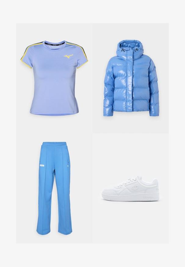 Minkštas mėlynas pūkinis švarkas su blizgiu paviršiumi, aukšta apykakle ir reguliuojama raištelių kapuce. Savybė yra įrengtos raukšlės ant rankogalių ir priekinis užtrauktukas.; Šviesiai mėlynas sportinis marškinėliai trumpomis rankovėmis, su geltonomis ir tamsiai mėlynomis peties juostomis bei mažu geltonu logotipu ant krūtinės.; Mėlynos sportinės kelnės su elastinga juosta, tiesiomis kojomis, šoninėmis kišenėmis ir logotipo žyma kairėje šlaunyje. Lygi, minkšta audinio tekstūra.; Baltos sportbačiai, pagaminti iš sklandžios sintetinės medžiagos, su apvaliu pirštu, plokščiu padu ir subtiliais logotipo akcentais šonuose. Klasikinis žemas dizainas.