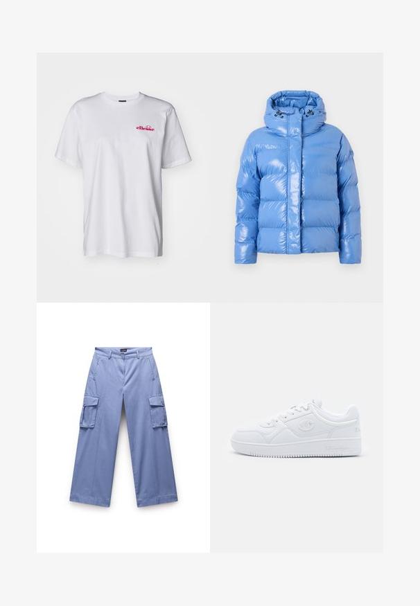 Polstret blå pufferjakke med en blank finish, høj krave og justerbar snoretrækshætte. Har ribbede manchetter og en frontlynlås.; Hvid bomulds T-shirt med korte ærmer, rund hals og et pink broderet logo på venstre bryst. Letvægts og glat tekstur.; Lyseblå cargo-bukser lavet af et glat stof. Har dobbelte sidelommer, afslappet pasform og lige ben-design med sømdetaljer.; Hvide sneakers lavet af glat syntetisk materiale, med rund tå, flad sål og diskrete logo detaljer på siderne. Klassisk lavt design.