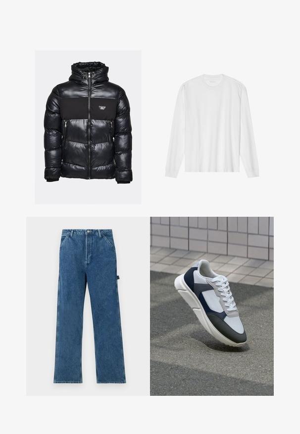 Giacca a vento nera con finitura lucida, dotata di un pannello nero uniforme e tasche con zip. Include un cappuccio con cordoncino e patch con logo.; T-shirt bianca a maniche lunghe in cotone con colletto rotondo e polsi a coste. Design semplice e senza fronzoli, con texture liscia e vestibilità standard.; Jeans in denim blu con una vestibilità dritta, caratterizzati da un'alta vita, design a cinque tasche e un leggero sbiadimento del tessuto.; Sneaker bianca, blu navy e grigia con un design a materiali misti, caratterizzata da una tomaia testurizzata, lacci piatti e una suola imbottita.