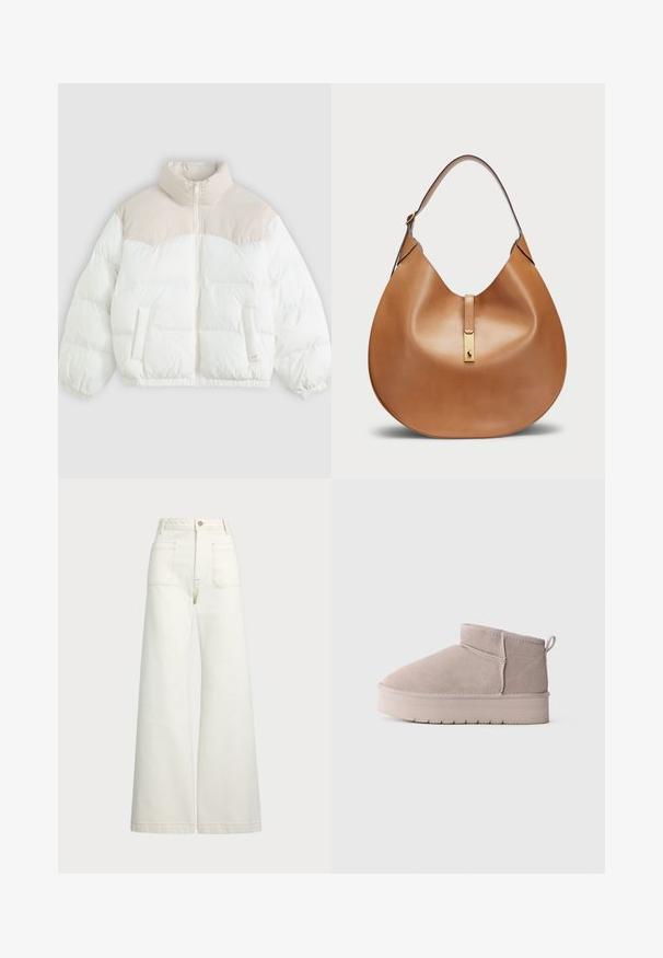 Puffervest med høj krave, med en cremet øverste sektion og hvidt krop, quiltet tekstur, forlommer og elastiske manchetter.; Gina Tricot ROLL NECK - Striktrøje - gardenia; Pæne brede jeans i off-white denim. Høj talje med knaplukning, to forlommer og detaljer med kontrastsyning.; Lavskåret beige ruskinds vinterstøvle med tyk sål og bageste trækflap på ensfarvet hvid baggrund, vist i sideprofil.; Tan lædertaske med en buet form og en bred skulderrem. Har et guld metalaccent i midten og en glat overflade.